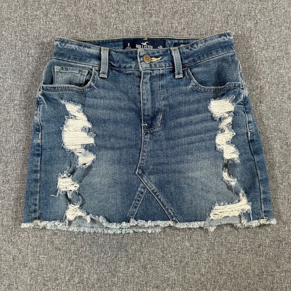 Hollister High Rise Denim Mini Skirt W24 Size 0 Distressed Blue Jean Raw Hem